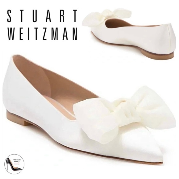Stuart Weitzman ANNY MESH White Silk Satin Bow Flats Pointed Toe Bridal Shoe 7.5 - Picture 2 of 13